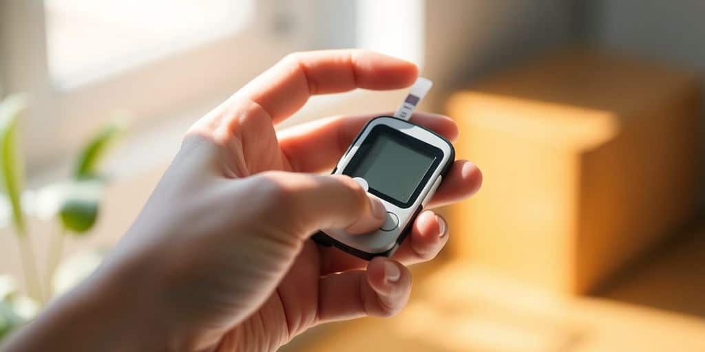 Hand holding blood glucose meter and test strip.