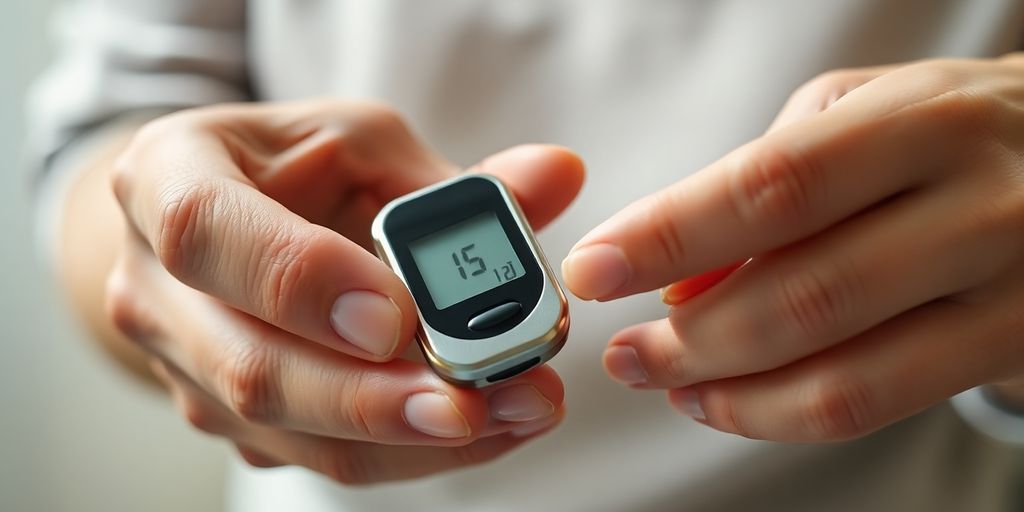 Hand holds glucometer near fingertip.