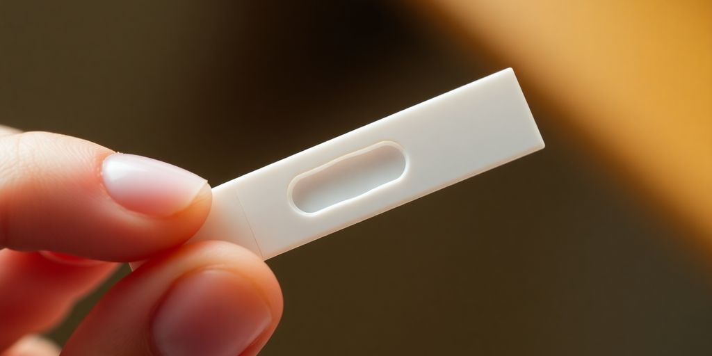 Close-up hand holds blood sugar test strip.