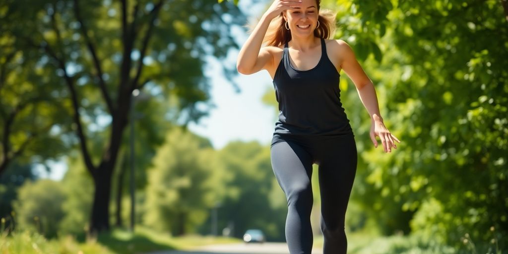 Person exercising outdoors, sunny, energetic.