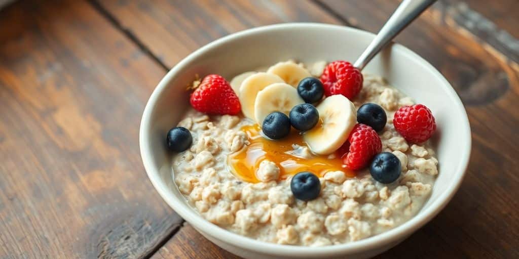 Bowl of gluten-free Quaker oats with fruit.