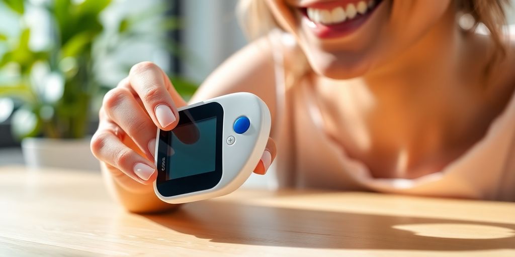Person holding sleek white blood sugar monitor with blue light