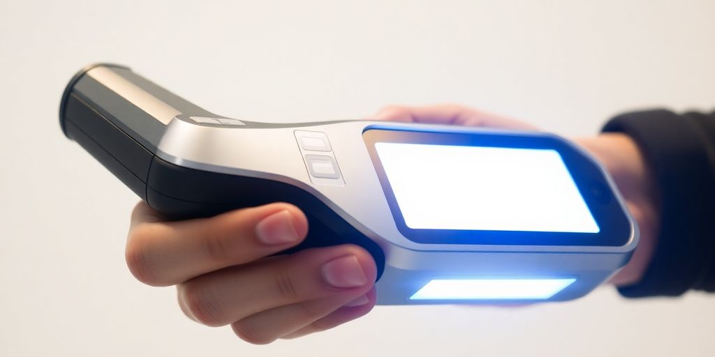 Sleek health monitoring device with a glowing sensor.
