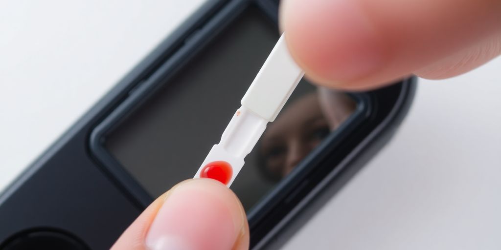 Finger pricked, blood on strip, glucose meter reading.