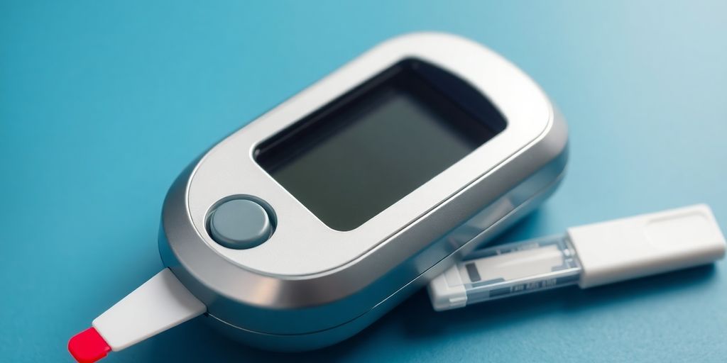 Blood sugar meter with testing strip.