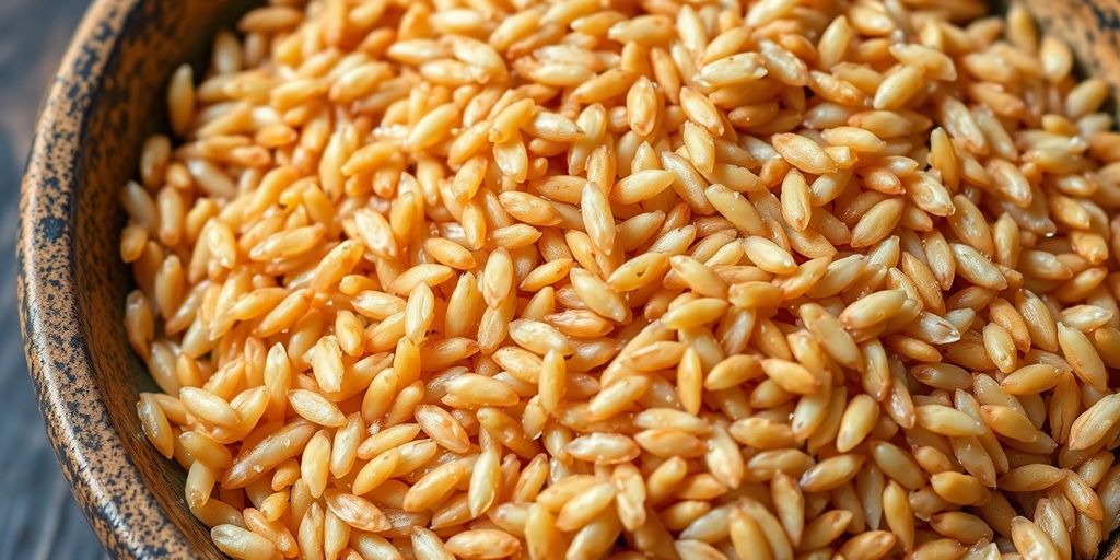 Bowl of brown rice with scattered grains.