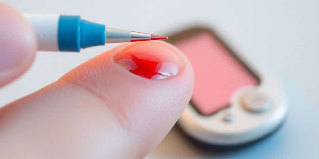 Person checking blood sugar with a monitor.