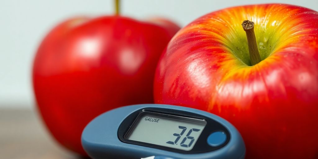 Red apple, glucose meter, finger pricker.