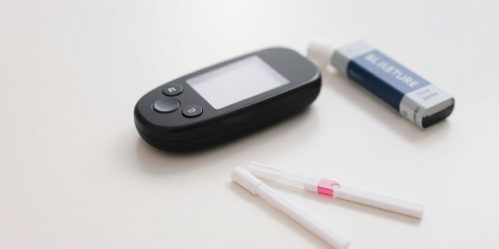 Glucometer kit with strips, lancets, and blood sample.