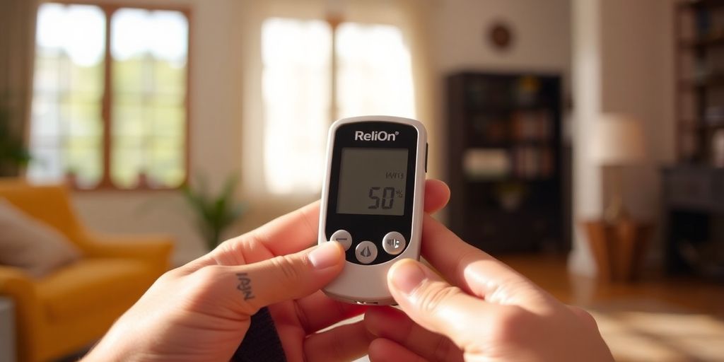 Man holding ReliOn Premier Compact blood glucose monitor.