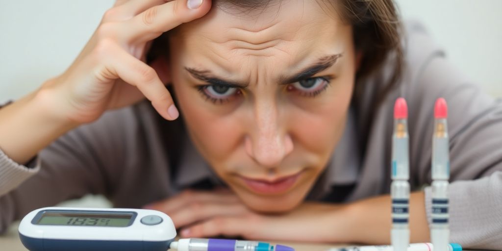 Person feeling stressed near diabetes supplies.