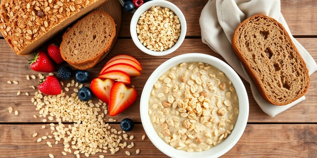 Whole grains, various healthy foods.