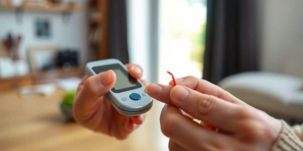 Person checking blood glucose at home.