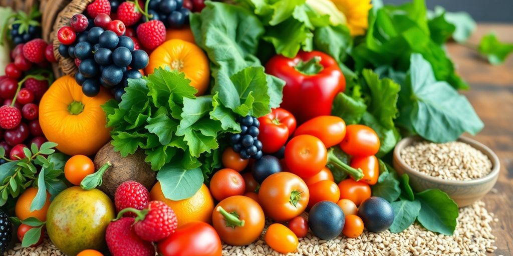Colorful fruits, vegetables, whole grains.