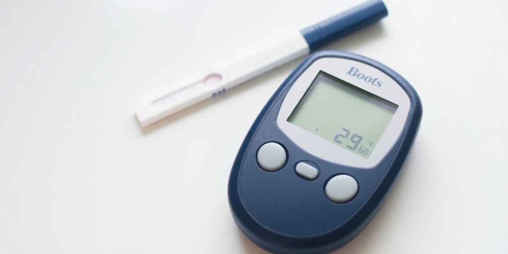 Boots glucose monitor with blood sugar test strip.