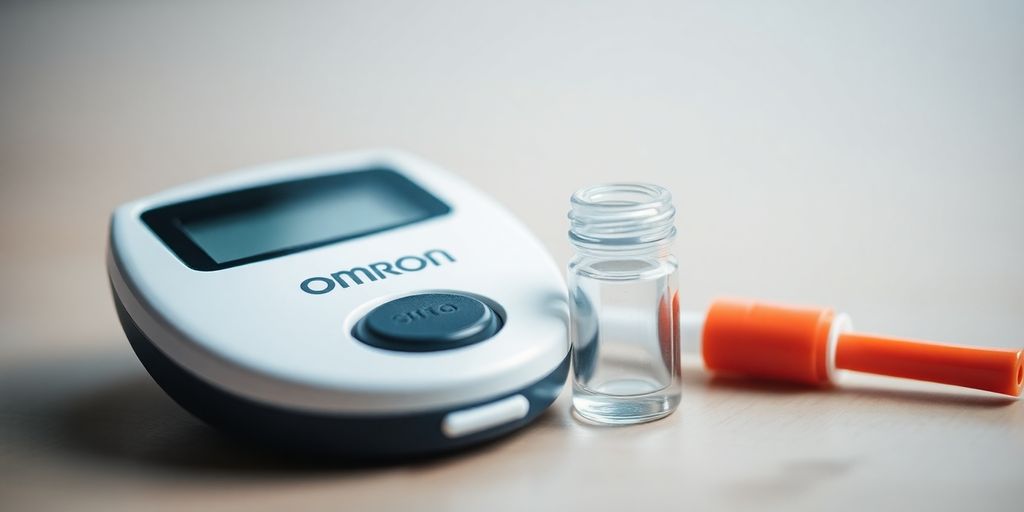Omron glucometer with blood drop.