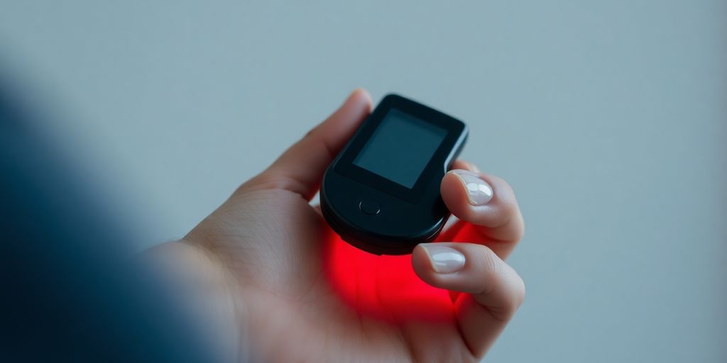 Person using a non-invasive glucometer device.
