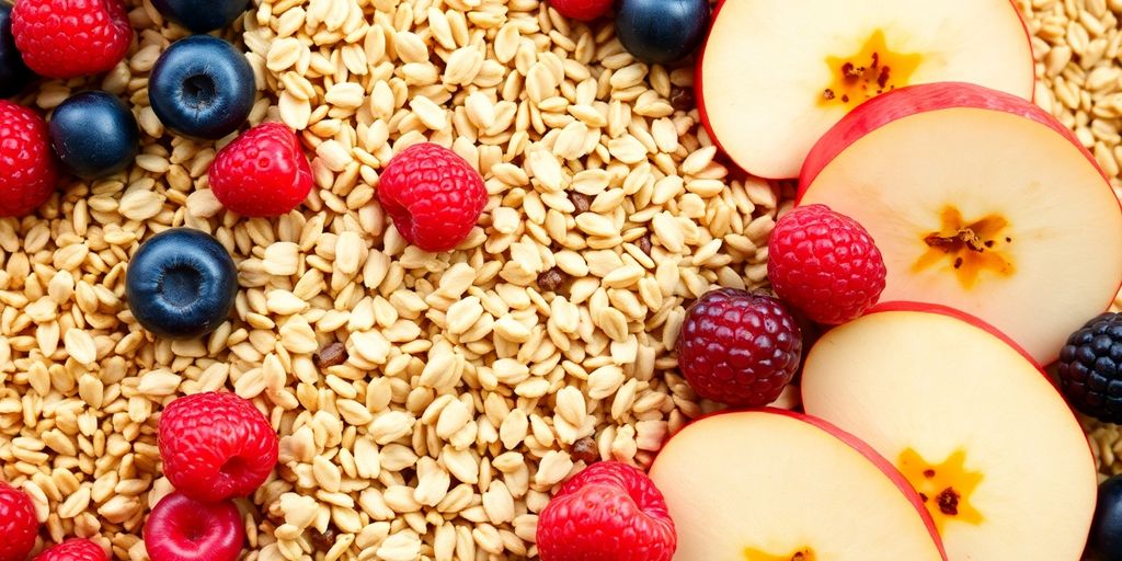 Bowl of assorted whole grains and fresh fruits.