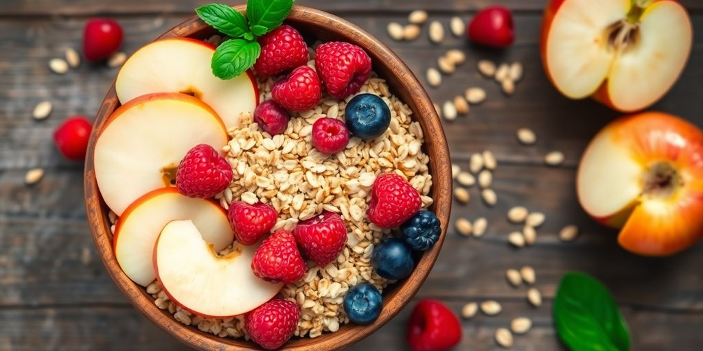 Bowl overflowing with colorful whole grains and fruits.