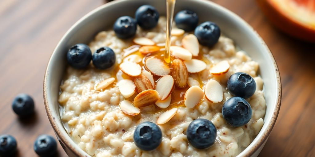 Bowl of steel cut oats with berries and nuts.