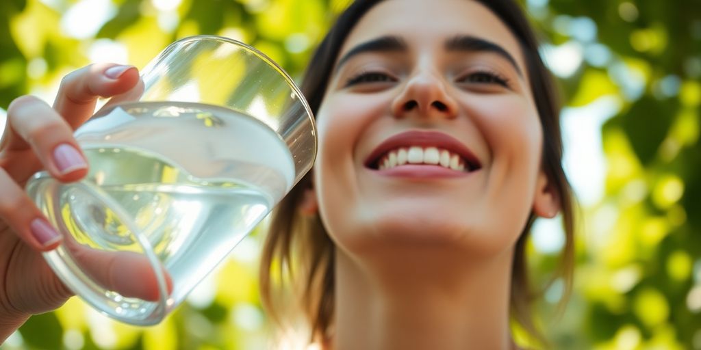 Person drinking water from a glass.