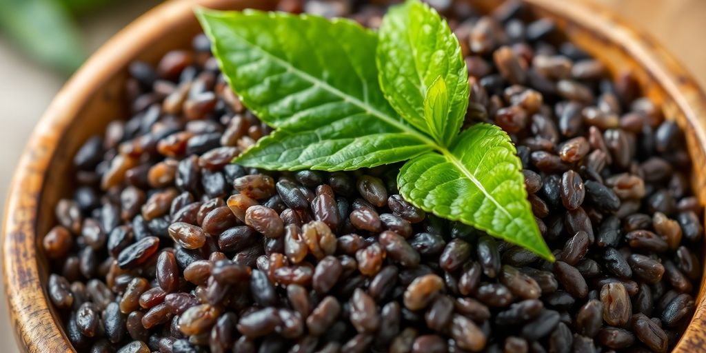 Bowl of cooked wild rice with a single green leaf.