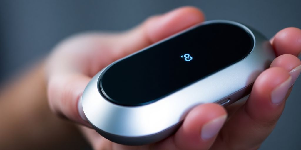 Sleek device monitors blood glucose levels.