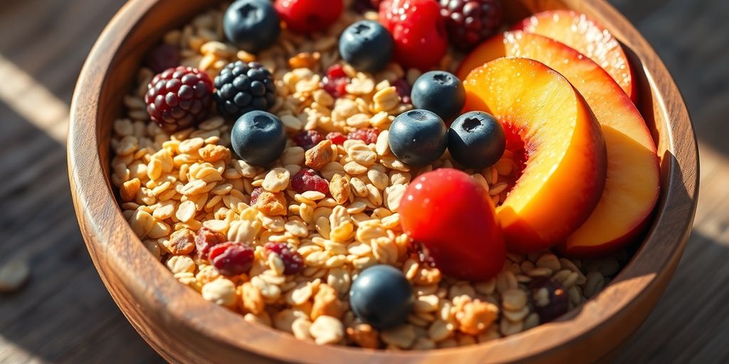 Vibrant bowl of whole grains with fresh fruits.