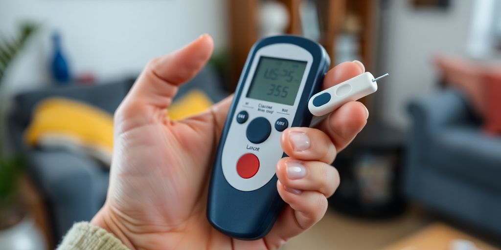 Person checking blood sugar with a device.