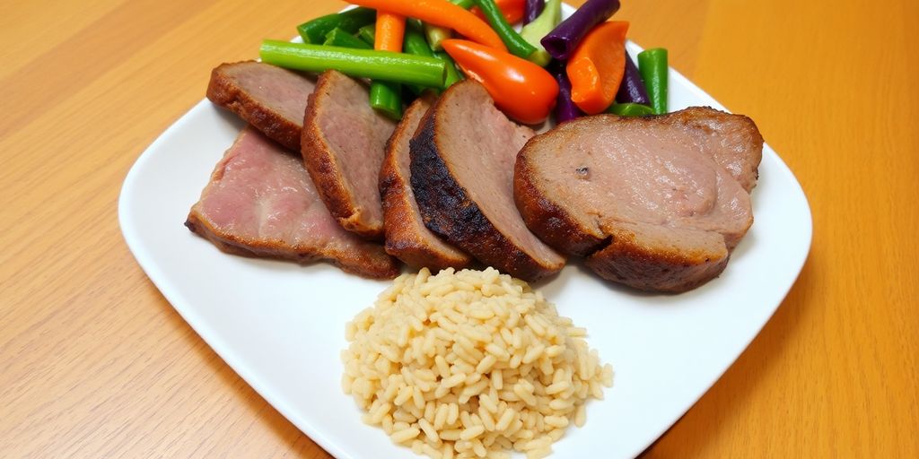 Paleo diet plate with brown rice and lean protein.