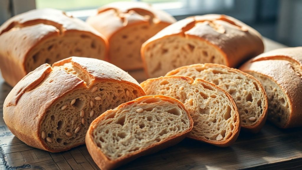 Whole wheat bread loaves and slices on a wooden surface.