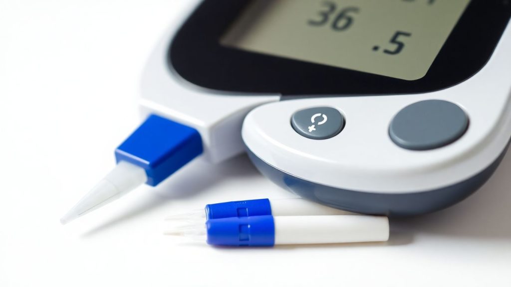 Blood glucose meter with lancet and test strips.