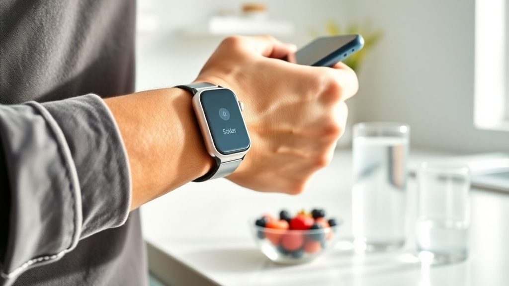 Smartwatch scanning wrist beside smartphone on sunlit kitchen counter surface.